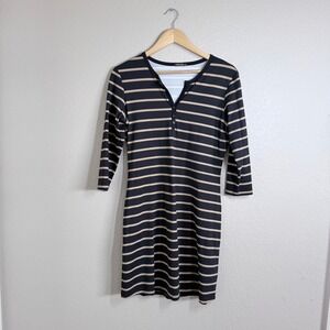 J.McLaughlin‎ Women's Striped Henley 3/4 sleeve Dress Black Tan Size M